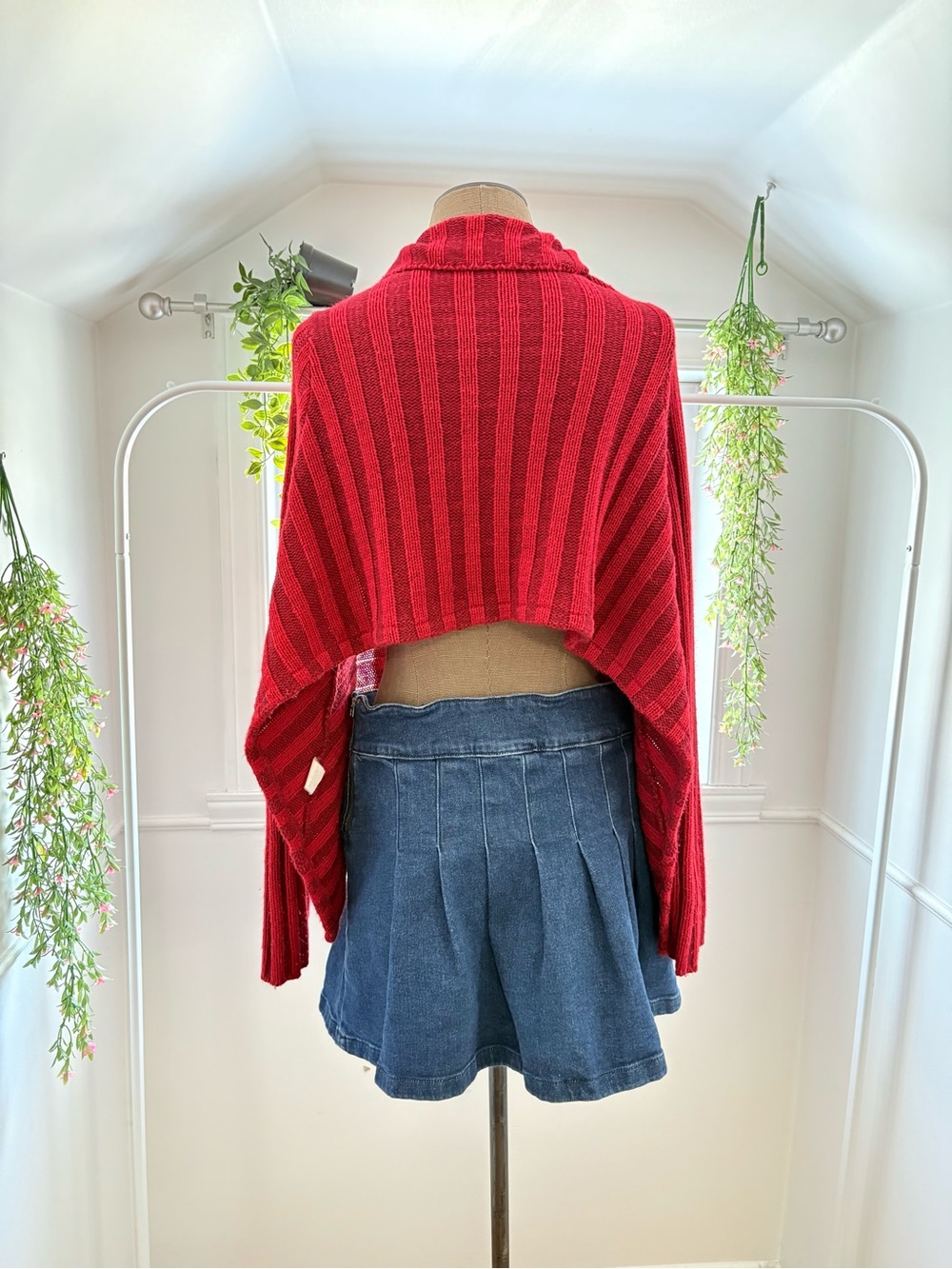 Open-Front Asymmetrical Red Striped Women’s Cardigan Sweater - Picture 3 of 4